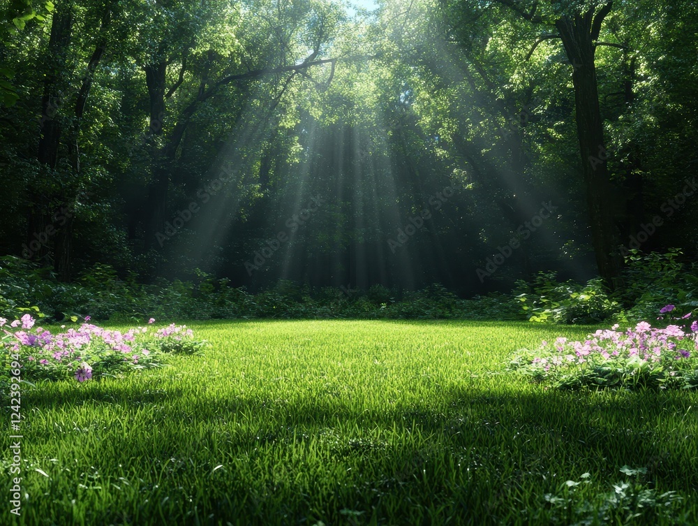 Obraz premium Enchanted Woodland Clearing with Sunlight and Vibrant Nature