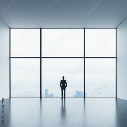 Man in Business Suit Stands in Contemporary Office with Large Windows Overlooking City Skyline on a Foggy Day photo