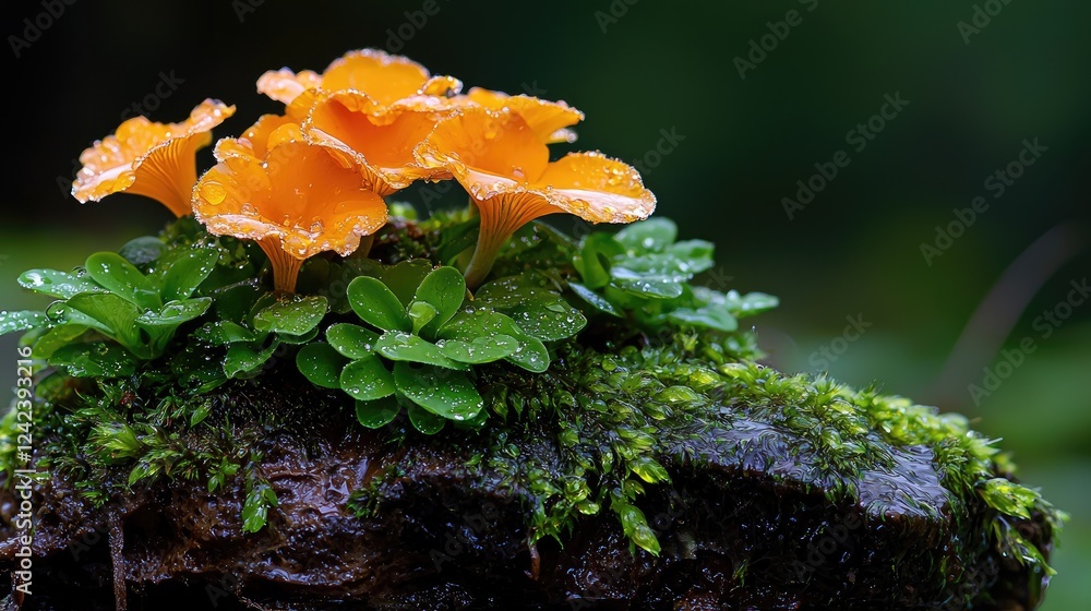 Orange mushrooms cluster on mossy log, forest background, nature photography Orange mushrooms cluster on mossy log, forest background, nature photography