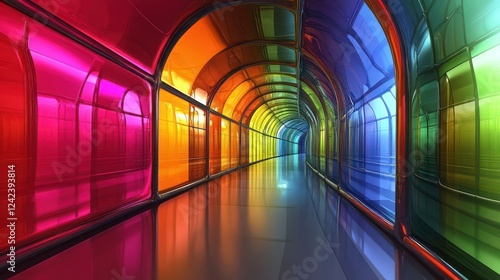 Fototapeta Naklejka Na Ścianę i Meble -  Colorful arched glass tunnel with reflective floor.