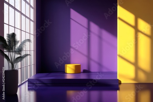 3d icon, Ray tracing reflections, room with modern renovation, dark violet and yellow color