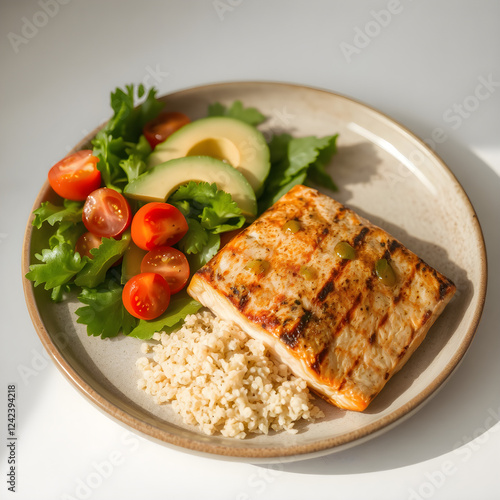 Comida balanceada con quinoa, hortalizas frescas y suculento pescado al grill