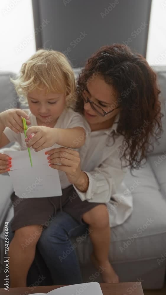 Mother and son enjoying creative time together with scissors on sofa in cozy living room setting, highlighting bond and creativity indoors. Mother and son enjoying creative time together with scissors on sofa in cozy living room setting, highlighting bond and creativity indoors.