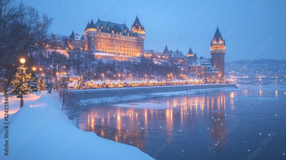 Illuminated castle on snowy riverbank at twilight. Illuminated castle on snowy riverbank at twilight.