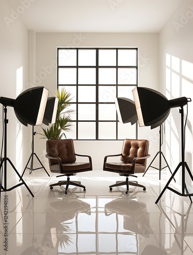 Contemporary studio interview space featuring two stylish leather chairs, professional lighting, and a bright, open atmosphere, perfect for media productions, podcasts, and discussions

