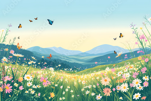Vibrant Spring Meadow Filled illustration with Wildflowers and Rolling Hills