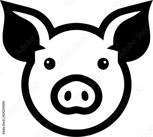 This flat vector pig icon is ideal for pig themed events like farm festivals or Year of the Pig celebrations. Its minimalist black and white design captures the pig's playful charm, perfect for event. photo