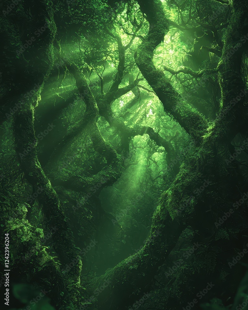 Fototapeta premium Ancient Twisted Trees Covered in Glowing Moss in Enchanted Forest
