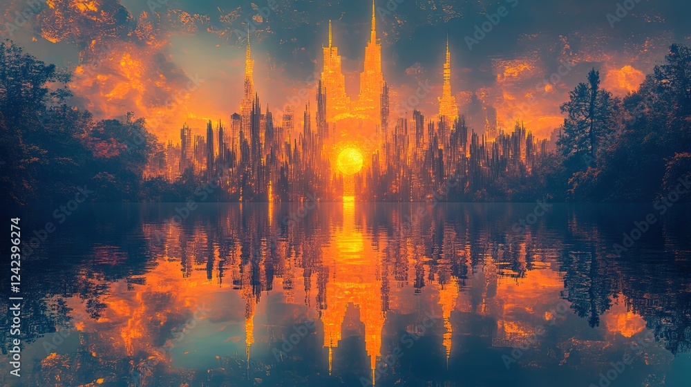 Obraz premium An abstract futuristic cityscape reflected in a glowing mirrored river