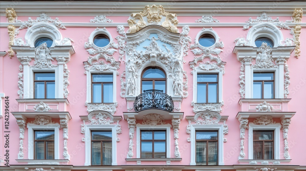 Fototapeta premium Pink building facade with ornate stucco and windows.
