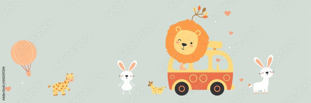 Cartoon bus with adorable animals giraffe, lion, rabbit, and girl in a playful and colorful vector illustration, perfect for kids' apparel and nursery decorations, apparel, childish, kids Cartoon bus with adorable animals giraffe, lion, rabbit, and girl in a playful and colorful vector illustration, perfect for kids' apparel and nursery decorations, apparel, childish, kids