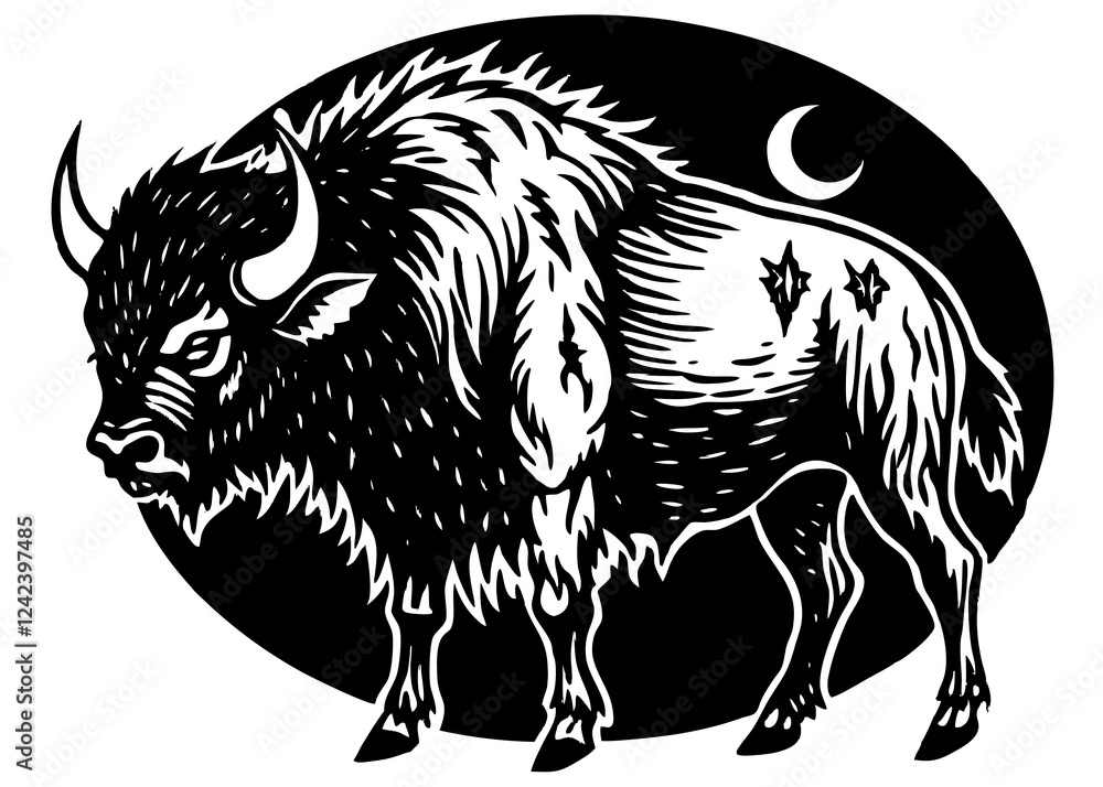 A Buffalo howling under a blood moon. on white back ground A Buffalo howling under a blood moon. on white back ground