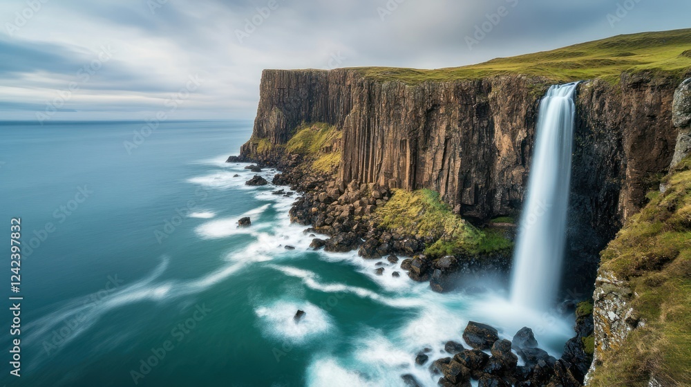 Coastal waterfall cliffside ocean landscape, dramatic sky, nature photography, travel Coastal waterfall cliffside ocean landscape, dramatic sky, nature photography, travel