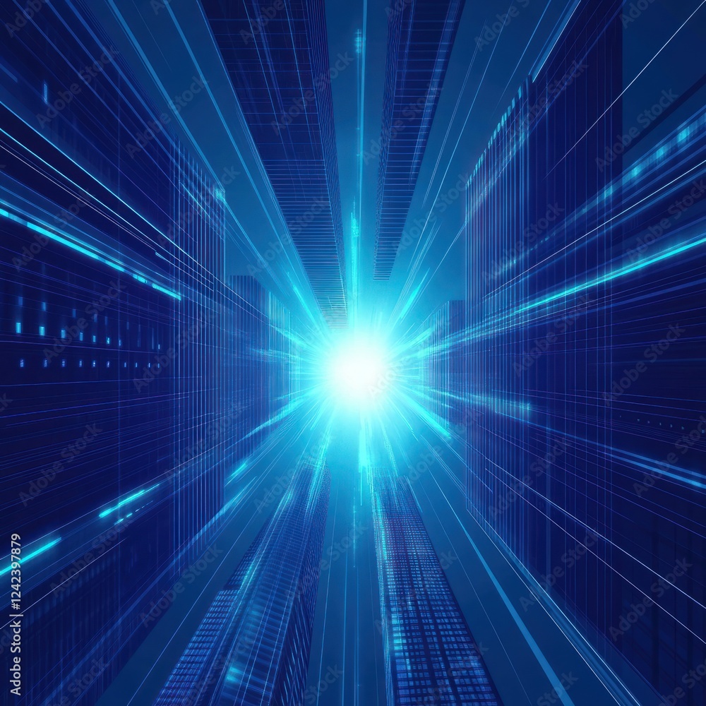 Light burst in blue city, ideal for technology, data, speed, communication, innovation, and futuristic concepts Light burst in blue city, ideal for technology, data, speed, communication, innovation, and futuristic concepts