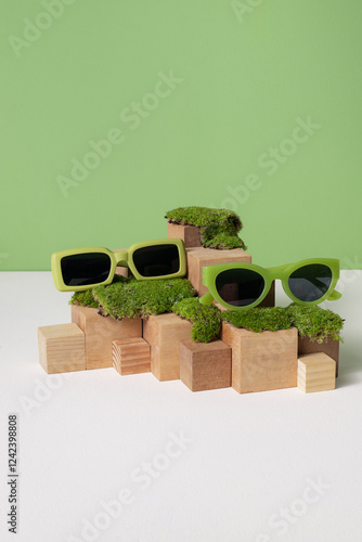 Green Sunglasses Resting on Moss-Covered Wooden Blocks Against photo