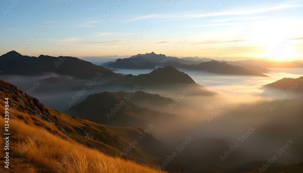 Sunrise over misty mountain range with golden grassy slopes, blue sky, and distant peaks fading into the horizon. Sunrise over misty mountain range with golden grassy slopes, blue sky, and distant peaks fading into the horizon.