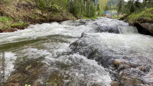 Fast mountain river with pure clear water running among large stones