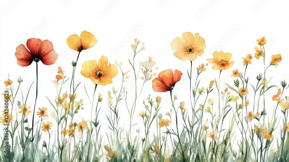 Naklejka premium Vibrant Floral Landscape in Watercolor