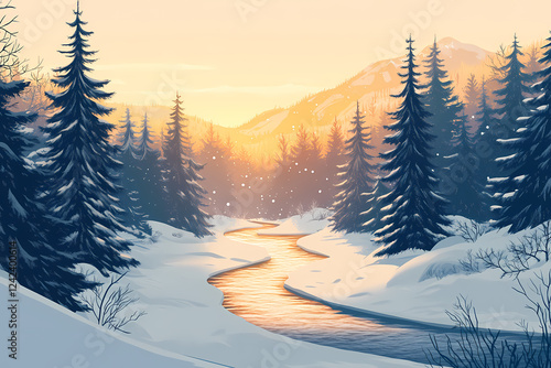 Winter Wonderland Scene illustration with Snow Covered Trees and Frozen River