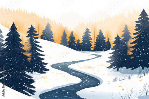 Winter Wonderland Scene illustration with Snow Covered Trees and Frozen River
