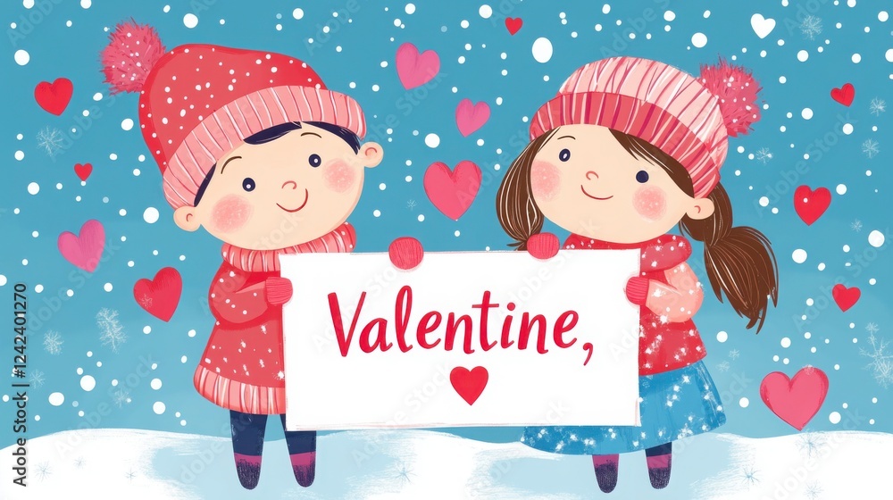 A boy and girl in Valentine Day costumes holding up a sign that says A boy and girl in Valentine Day costumes holding up a sign that says