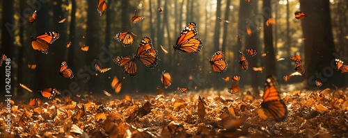 Monarch butterflies fluttering above colorful autumn foliage in a sun-drenched forest photo