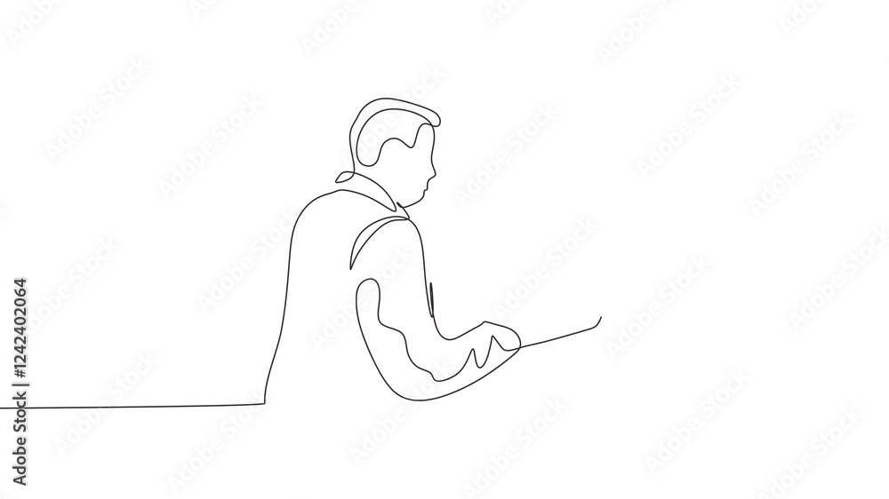 Continuous one line drawing animation of man working on laptop. Animation person doing his job with gadget. Continuous one line drawing animation of man working on laptop. Animation person doing his job with gadget.