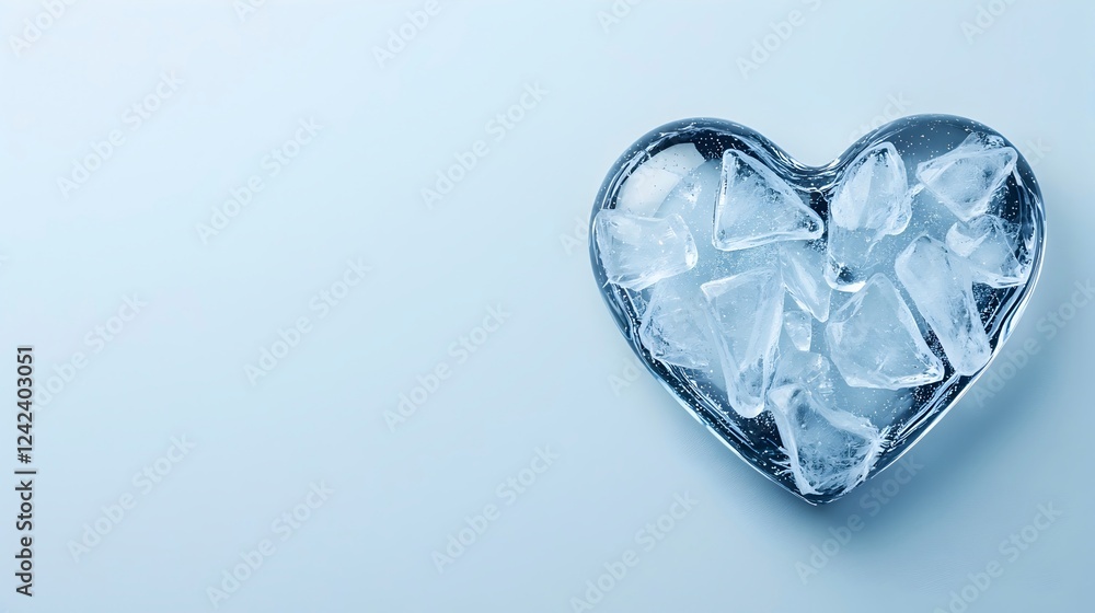 Heart-Shaped Ice Cubes in Clear Ice Bowl on Light Blue Background Heart-Shaped Ice Cubes in Clear Ice Bowl on Light Blue Background