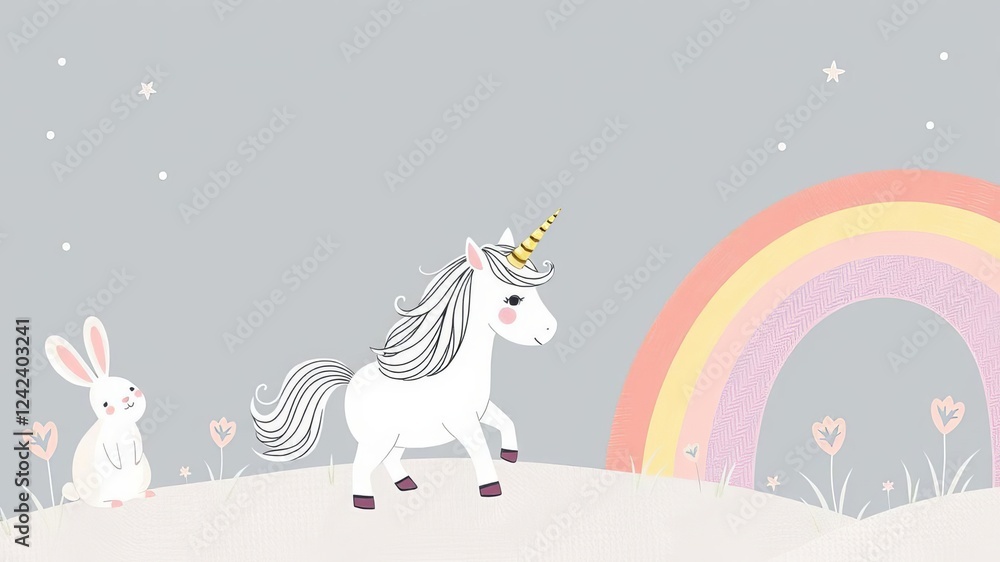 Obraz premium Adorable hand-drawn vector illustration set for baby girl nursery decor, featuring princess, unicorn, bunny, rainbow in Scandinavian style, prints, cards, hand drawn