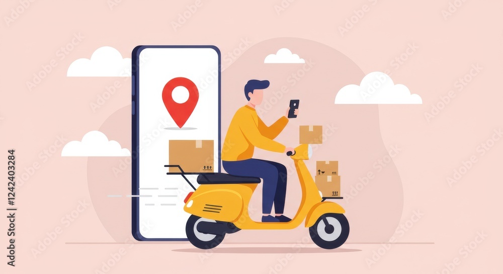 flat illustration of a delivery man riding a yellow scooter, holding a smartphone in one hand and carrying cardboard boxes on the scooter. flat illustration of a delivery man riding a yellow scooter, holding a smartphone in one hand and carrying cardboard boxes on the scooter.
