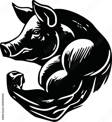 tattoo and t shirt design black and white hand drawn head pig with body muscle vector