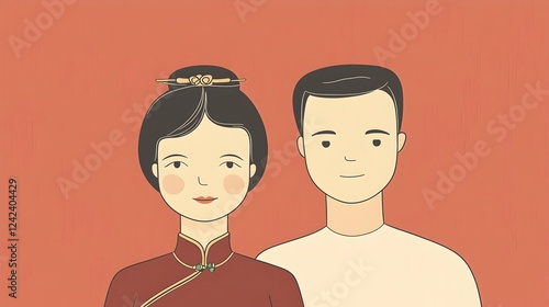 Modern Illustration of Asian Couple in Traditional and Casual Attire photo