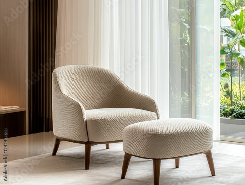 Wallpaper Mural A stylish chair and ottoman set in a modern living space, with natural light filtering through sheer curtains and greenery visible outside. Torontodigital.ca
