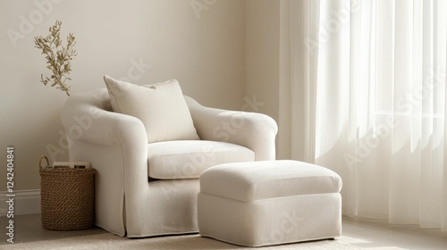 Wallpaper Mural A cozy, neutral-toned armchair with an ottoman, soft textures, and natural light filtering through sheer curtains, creating a warm and inviting atmosphere. Torontodigital.ca