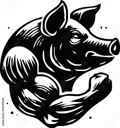 tattoo and t shirt design black and white hand drawn head pig with body muscle vector