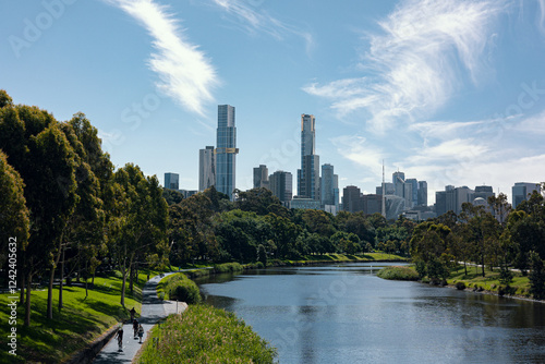 Scenic view of Melbourne skyline and Yarra river on a sunny day photo