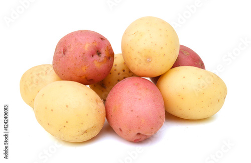 Stack red and yellow potatoes on white background