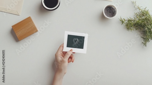 Woman's Hand Holding a Small Dark Green Photo Card on White Desk photo