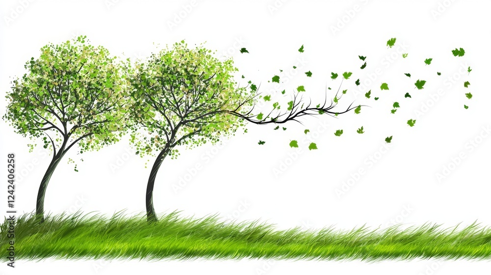 Two Vibrant Trees with Green Leaves on a Breezy Day Depicting Nature and Freshness in a Bright Environment Two Vibrant Trees with Green Leaves on a Breezy Day Depicting Nature and Freshness in a Bright Environment