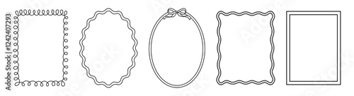 Set frames with space for text. Hand drawn black frames with thin wavy lines isolated on white background. Black frame with cute bow. Border different forms