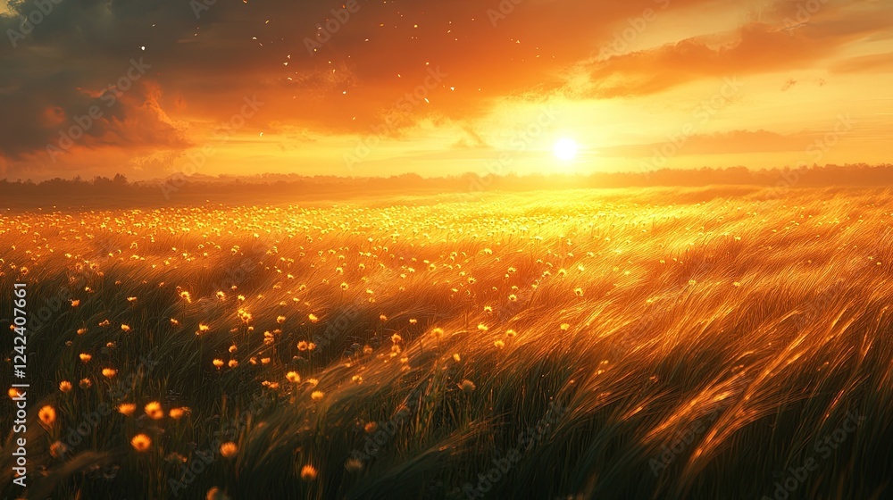 Fototapeta premium Golden sunset over a wildflower field with blowing grass