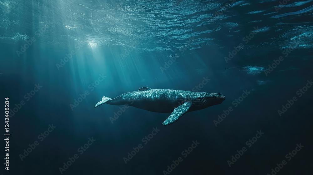 Fototapeta premium Majestic Blue Whale Swimming Gracefully Underwater in Clear Ocean Waters with Sunlight Filtering Through, Capturing the Serenity of Marine Life