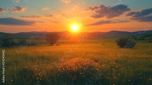 Golden sunset over tranquil meadow with hills