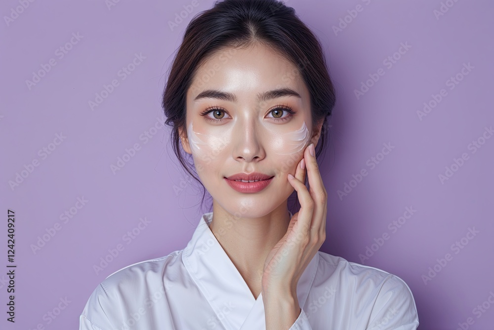 Charming Young Asian Woman Radiating Beauty in a Soft Lavender Background Focusing on Skincare and Facial Therapy Charming Young Asian Woman Radiating Beauty in a Soft Lavender Background Focusing on Skincare and Facial Therapy