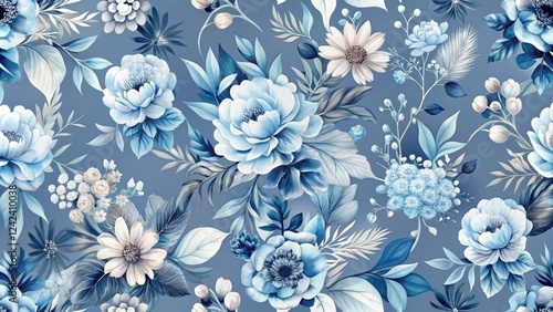 Serene Blue Floral Pattern Elegant Botanical Design for Textiles and Decor