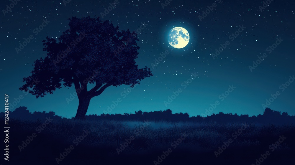 Fototapeta premium Lone Tree Silhouetted Against Night Sky and Full Moon