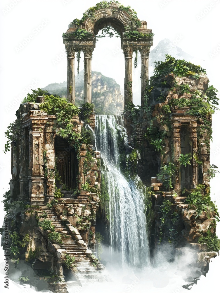 Obraz premium Majestic Ancient Ruins Surrounded by Lush Greenery and Cascading Waterfalls in a Serene Landscape