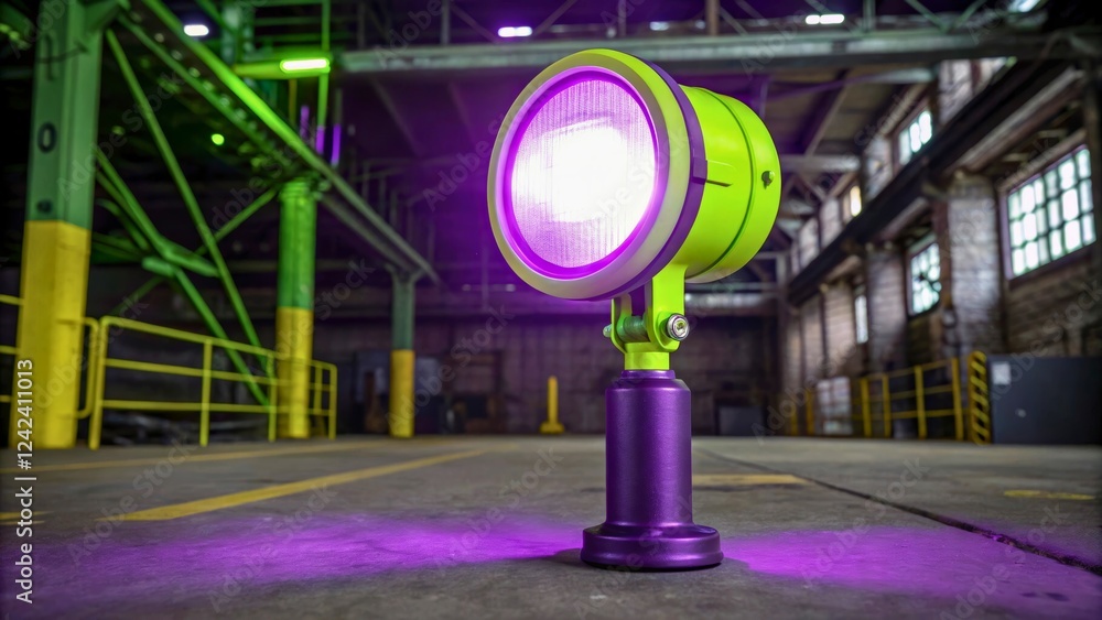 Fototapeta premium Vibrant Industrial Stage Light with Purple Glow in Abandoned Warehouse Setting