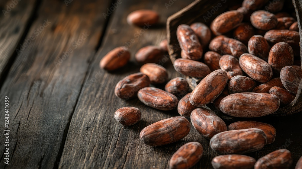 Raw cocoa beans scattered on rustic wooden table, showcasing the rich natural texture and earthy tones of unprocessed chocolate ingredients for culinary and creative use Raw cocoa beans scattered on rustic wooden table, showcasing the rich natural texture and earthy tones of unprocessed chocolate ingredients for culinary and creative use