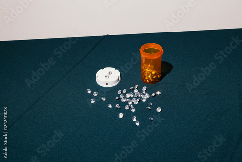 Spread of diamond pills next to open prescription bottle on tabletop